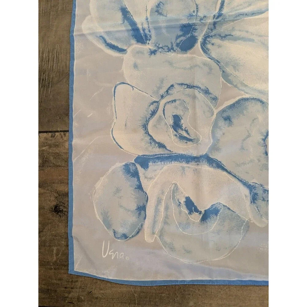 Vintage Vera Neumann 70s Satin Scarf Blue Floral Square Signed
